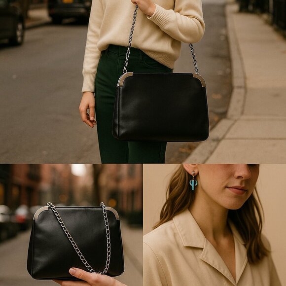 Y2K black chain shoulder bag faux-leather frame purse, AS-IS for repair - Picture 11 of 11